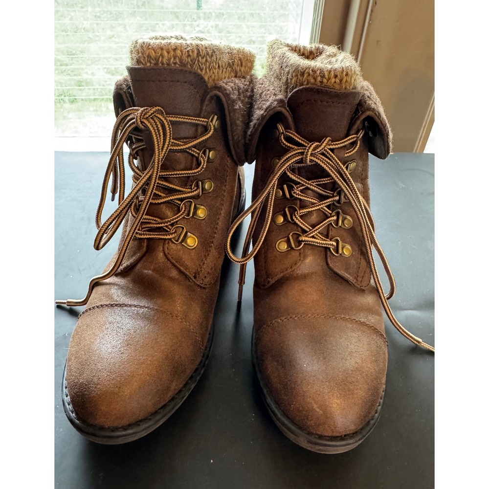 C27749 Downey Brown Faux Leather Knit Cuff Sherpa Fold Over Ankle Boots 9.5M